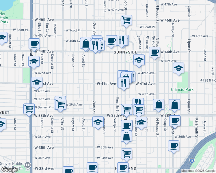 map of restaurants, bars, coffee shops, grocery stores, and more near 4040 Vallejo Street in Denver
