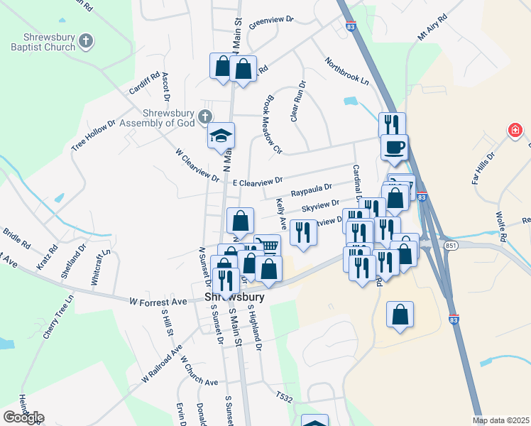 map of restaurants, bars, coffee shops, grocery stores, and more near 95 Skyview Drive in Shrewsbury