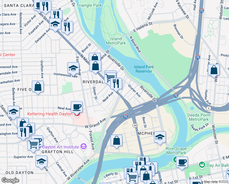 map of restaurants, bars, coffee shops, grocery stores, and more near 15 Neal Avenue in Dayton