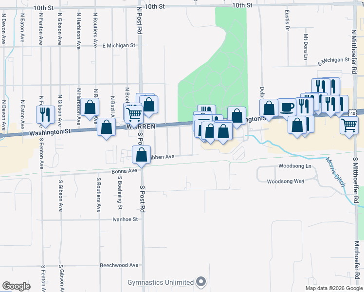 map of restaurants, bars, coffee shops, grocery stores, and more near 45 Rosemere Avenue in Indianapolis
