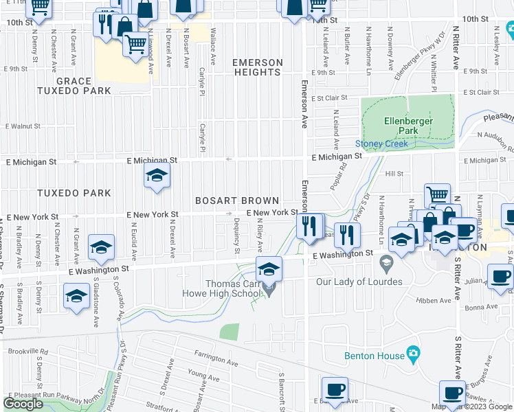 map of restaurants, bars, coffee shops, grocery stores, and more near 4918 East New York Street in Indianapolis