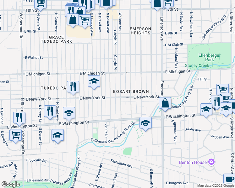map of restaurants, bars, coffee shops, grocery stores, and more near 4720 East New York Street in Indianapolis