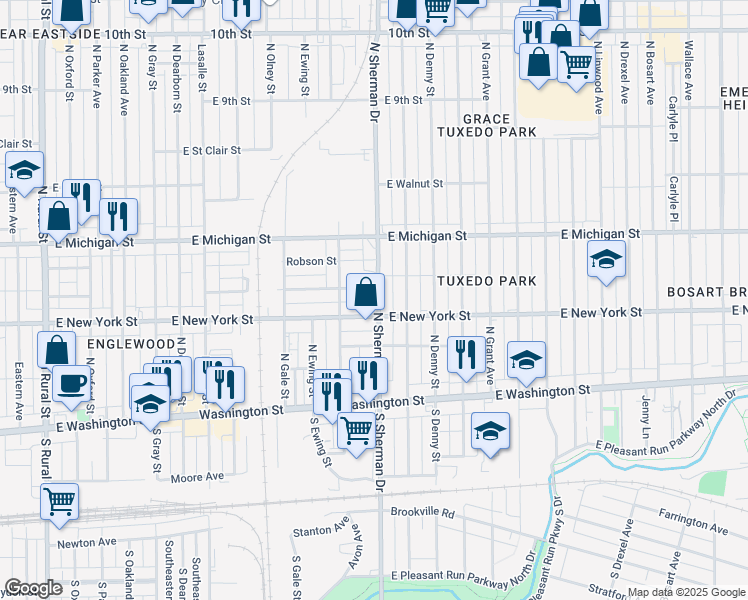 map of restaurants, bars, coffee shops, grocery stores, and more near 3724 East New York Street in Indianapolis
