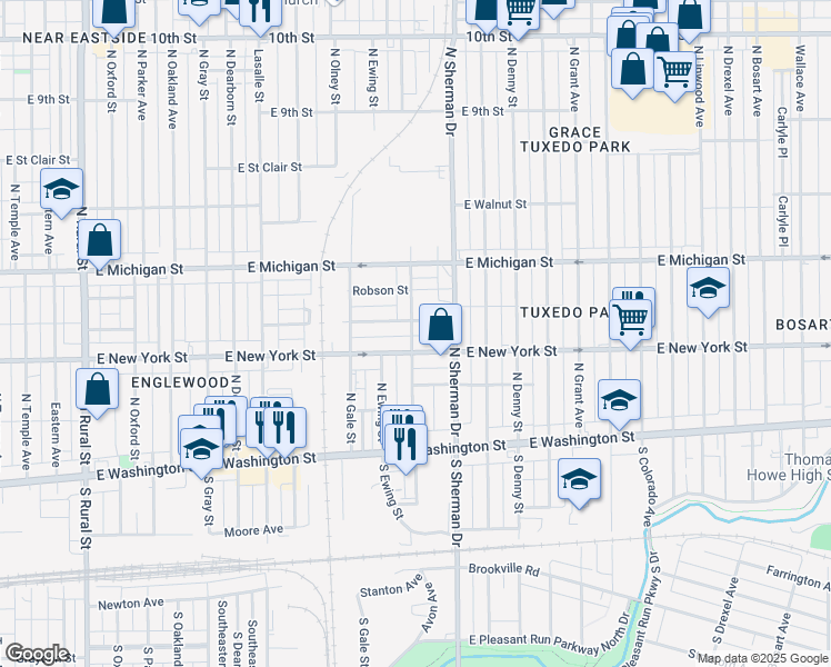 map of restaurants, bars, coffee shops, grocery stores, and more near 3724 East New York Street in Indianapolis