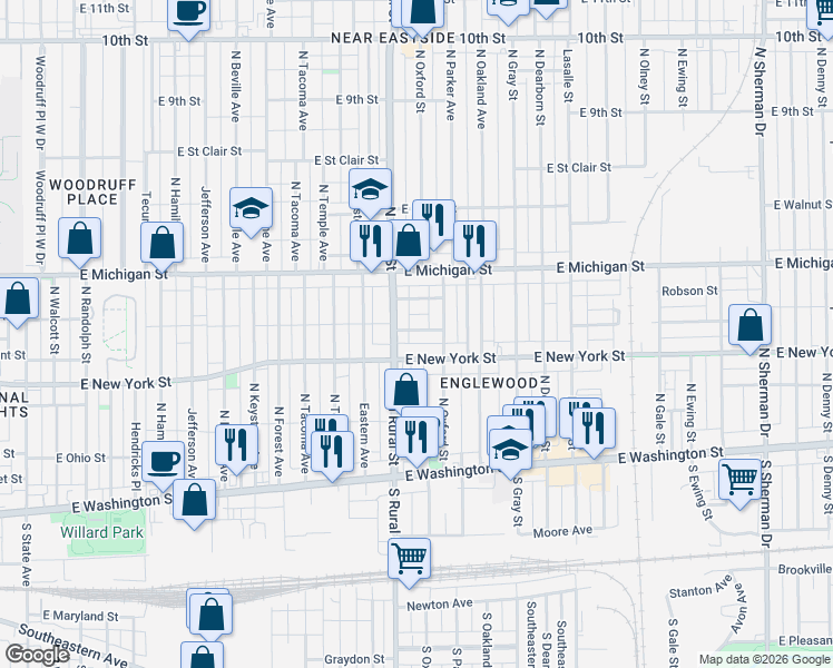 map of restaurants, bars, coffee shops, grocery stores, and more near 320 North Oxford Street in Indianapolis