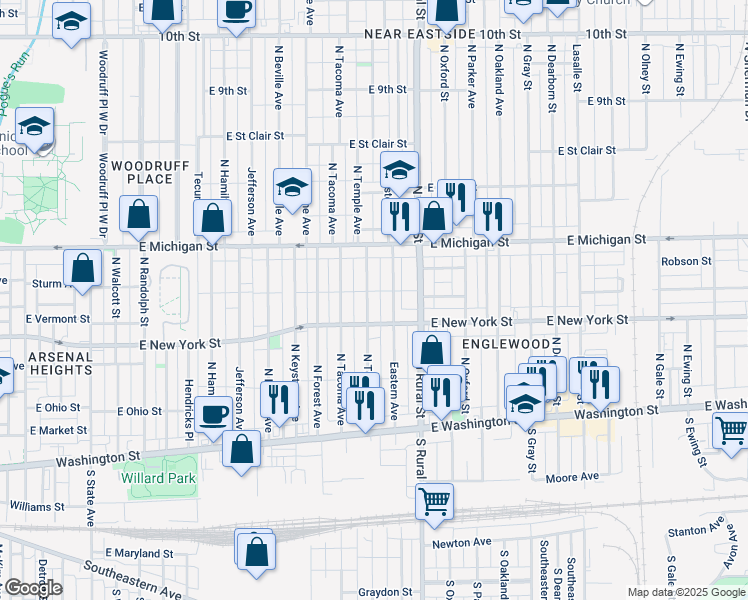 map of restaurants, bars, coffee shops, grocery stores, and more near 326 Eastern Avenue in Indianapolis