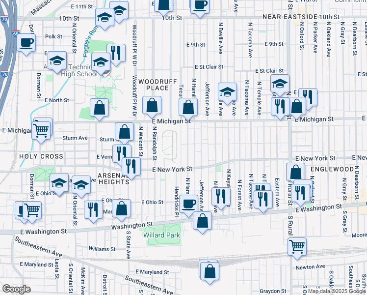 map of restaurants, bars, coffee shops, grocery stores, and more near 340 North Hamilton Avenue in Indianapolis