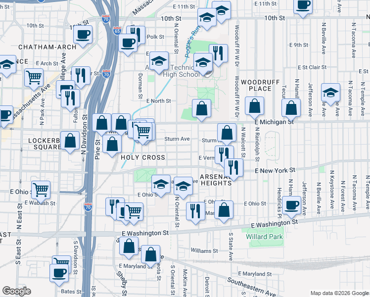 map of restaurants, bars, coffee shops, grocery stores, and more near 1424 East Vermont Street in Indianapolis