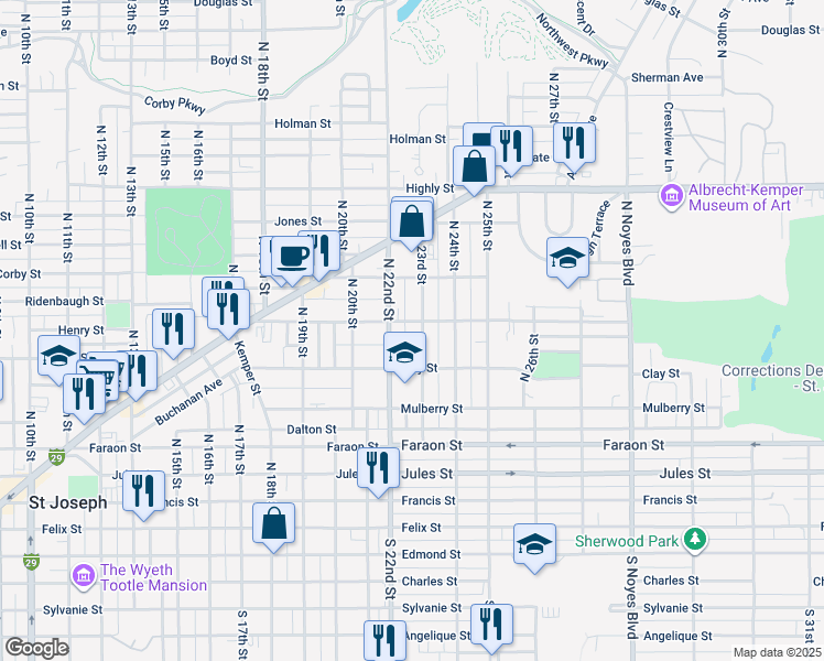 map of restaurants, bars, coffee shops, grocery stores, and more near 650 North 23rd Street in Saint Joseph