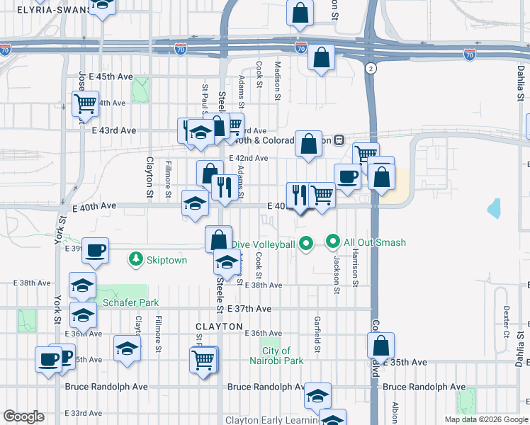 map of restaurants, bars, coffee shops, grocery stores, and more near 3973 Cook Street in Denver