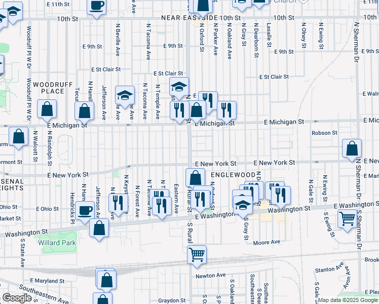 map of restaurants, bars, coffee shops, grocery stores, and more near 326 North Rural Street in Indianapolis
