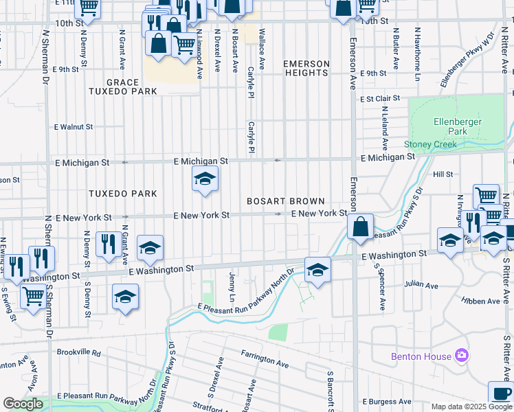 map of restaurants, bars, coffee shops, grocery stores, and more near 4720 East New York Street in Indianapolis