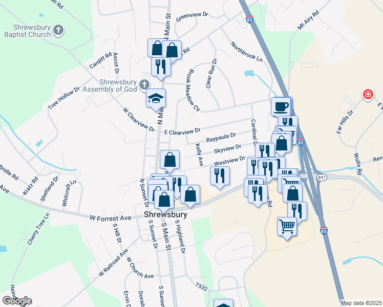 map of restaurants, bars, coffee shops, grocery stores, and more near 97 Skyview Drive in Shrewsbury