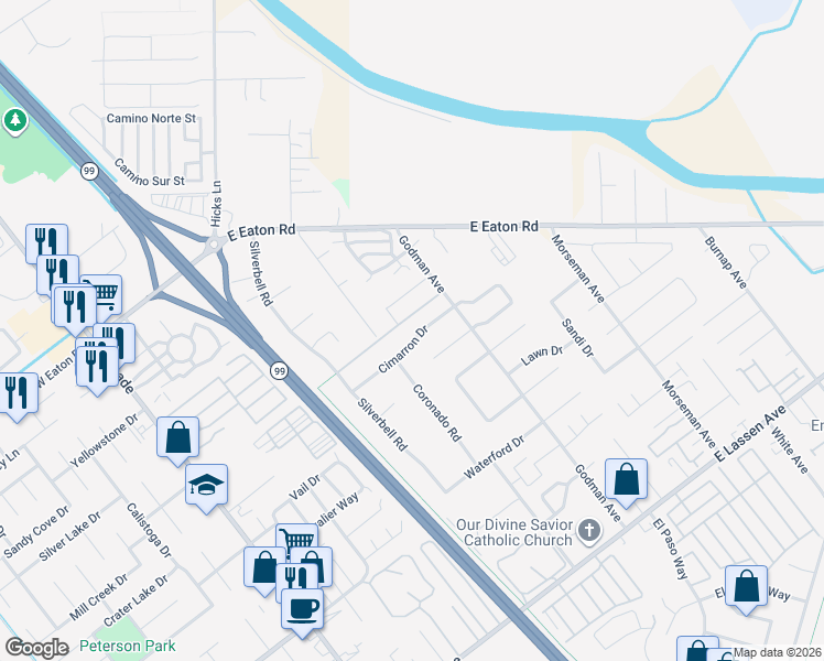 map of restaurants, bars, coffee shops, grocery stores, and more near 560 Cimarron Drive in Chico
