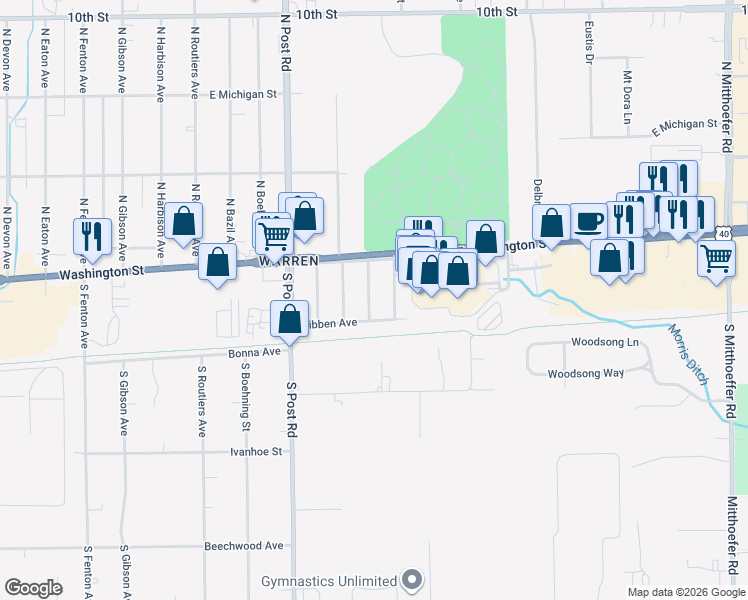 map of restaurants, bars, coffee shops, grocery stores, and more near 45 Rosemere Avenue in Indianapolis