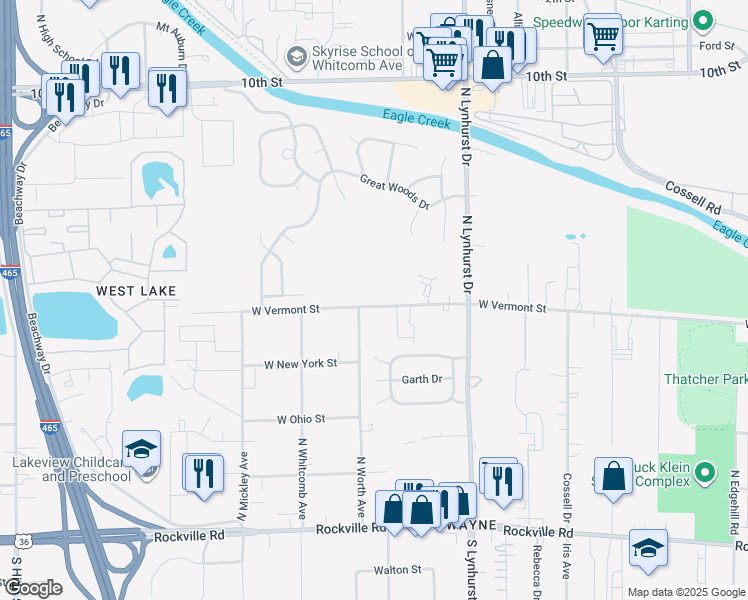 map of restaurants, bars, coffee shops, grocery stores, and more near 5438 West Vermont Street in Indianapolis