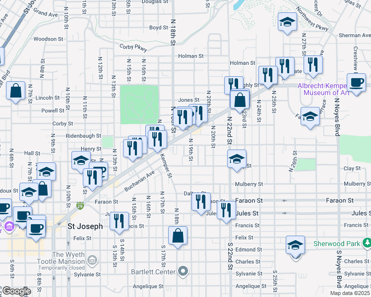 map of restaurants, bars, coffee shops, grocery stores, and more near 638 Bon Ton Street in Saint Joseph