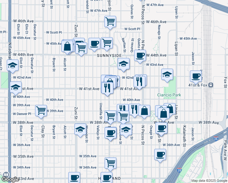 map of restaurants, bars, coffee shops, grocery stores, and more near 1930 West 41st Avenue in Denver