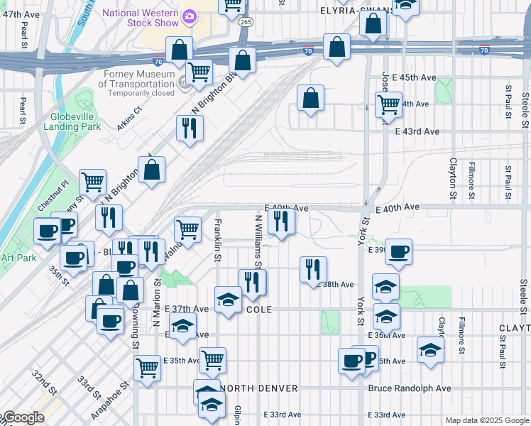 map of restaurants, bars, coffee shops, grocery stores, and more near in Denver