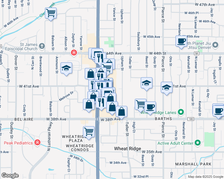 map of restaurants, bars, coffee shops, grocery stores, and more near 4097 Vance Street in Wheat Ridge