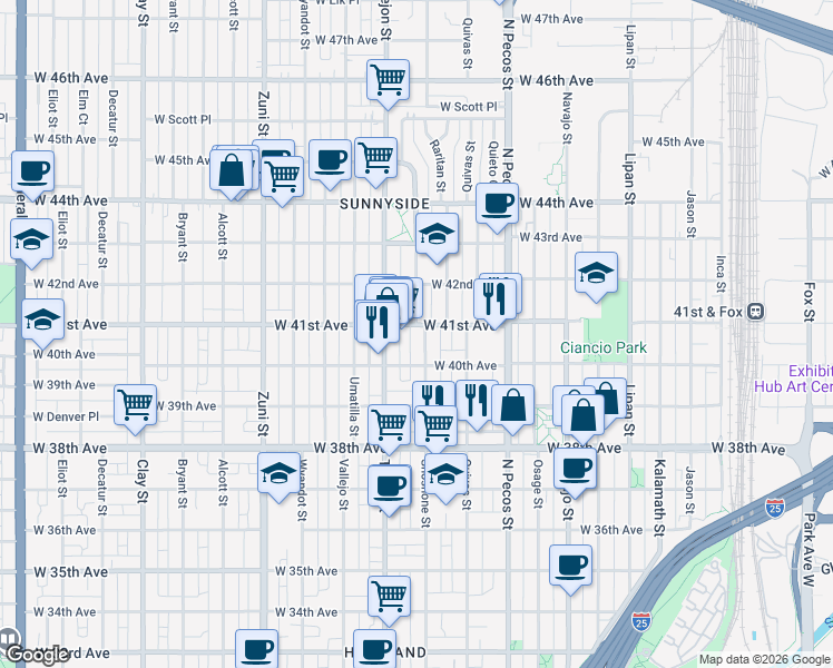 map of restaurants, bars, coffee shops, grocery stores, and more near 1930 West 41st Avenue in Denver