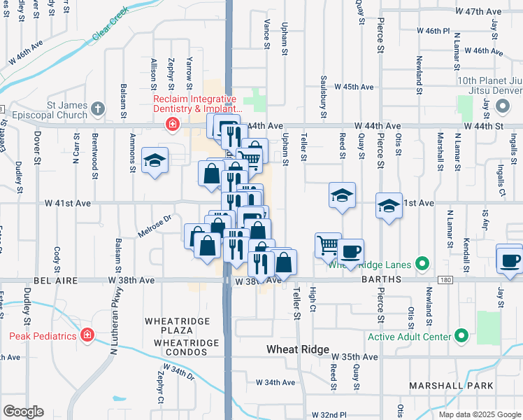 map of restaurants, bars, coffee shops, grocery stores, and more near 4097 Vance Street in Wheat Ridge
