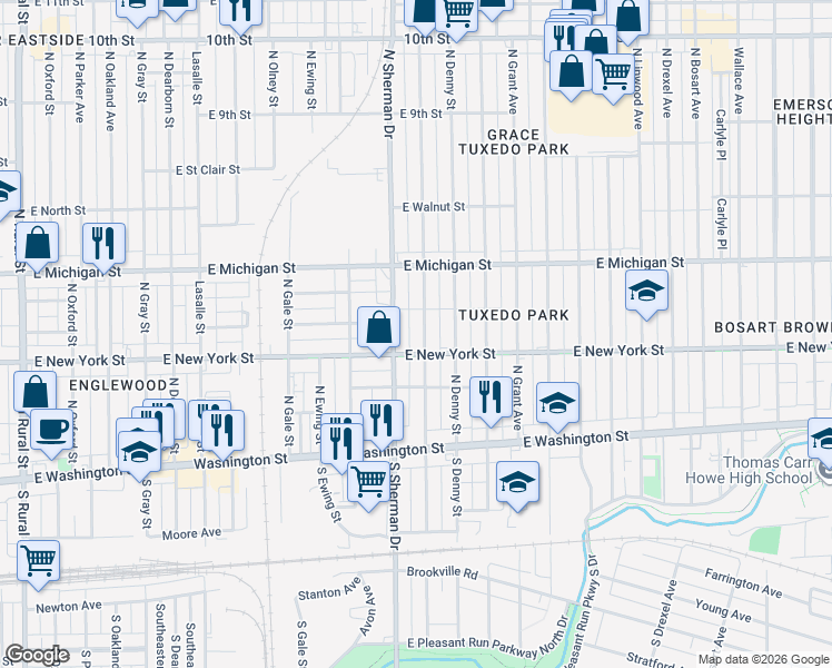 map of restaurants, bars, coffee shops, grocery stores, and more near 316 North Bradley Avenue in Indianapolis