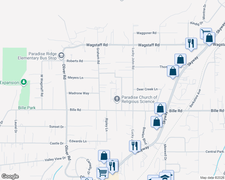 map of restaurants, bars, coffee shops, grocery stores, and more near 6264 Becker Way in Paradise