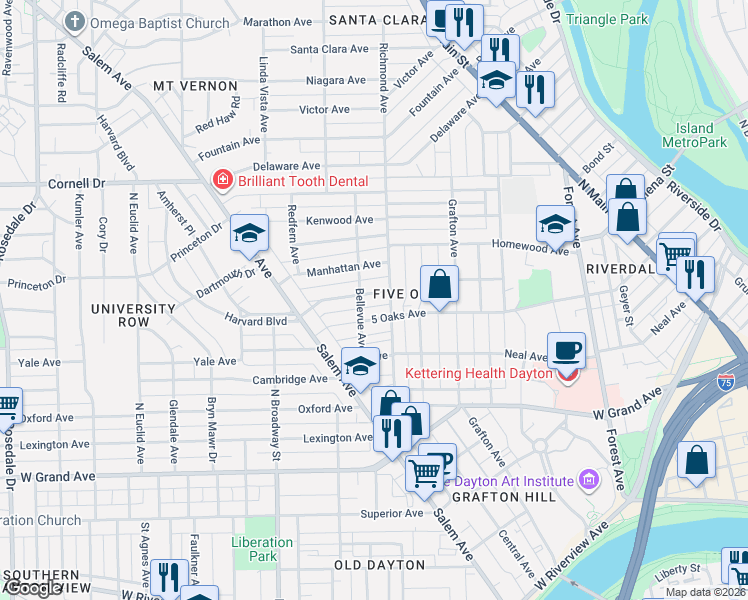 map of restaurants, bars, coffee shops, grocery stores, and more near 830 Harvard Boulevard in Dayton