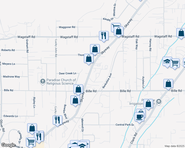 map of restaurants, bars, coffee shops, grocery stores, and more near 7786 Skyway in Paradise