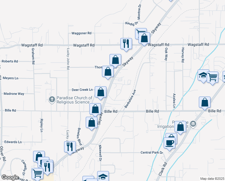 map of restaurants, bars, coffee shops, grocery stores, and more near 7786 Skyway in Paradise