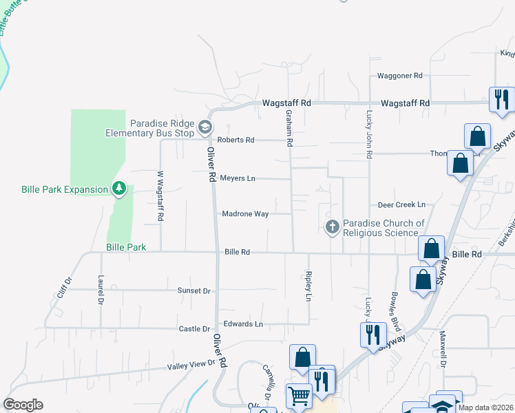 map of restaurants, bars, coffee shops, grocery stores, and more near 707 Madrone Way in Paradise
