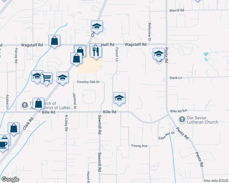 map of restaurants, bars, coffee shops, grocery stores, and more near 6250 Forest Lane in Paradise