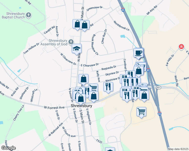 map of restaurants, bars, coffee shops, grocery stores, and more near 97 Skyview Drive in Shrewsbury