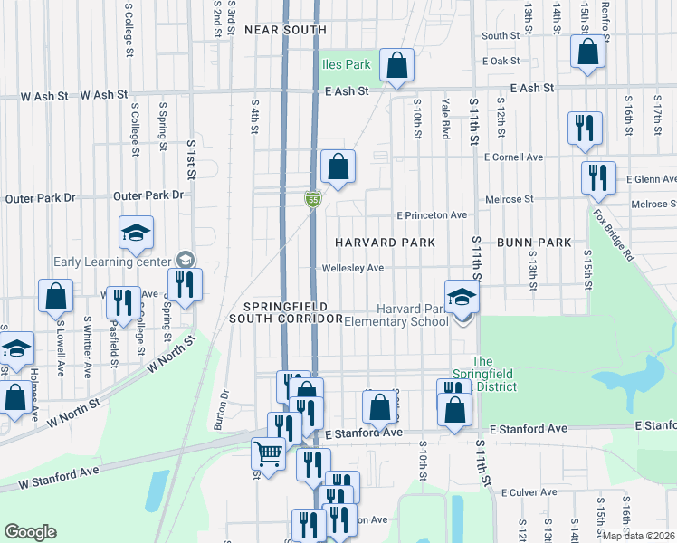 map of restaurants, bars, coffee shops, grocery stores, and more near 2401 South 7th Street in Springfield