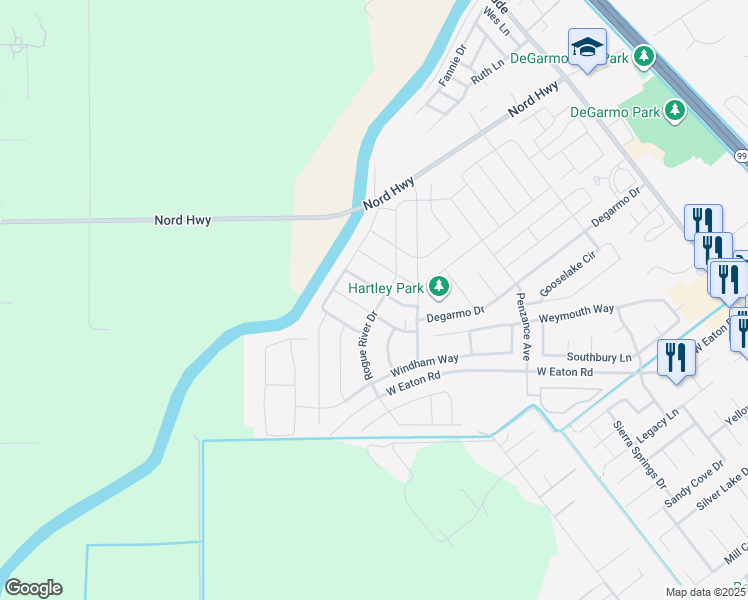 map of restaurants, bars, coffee shops, grocery stores, and more near 3297 Rogue River Drive in Chico