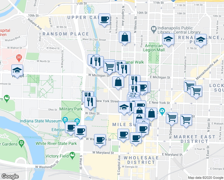 map of restaurants, bars, coffee shops, grocery stores, and more near 361 Indiana Avenue in Indianapolis
