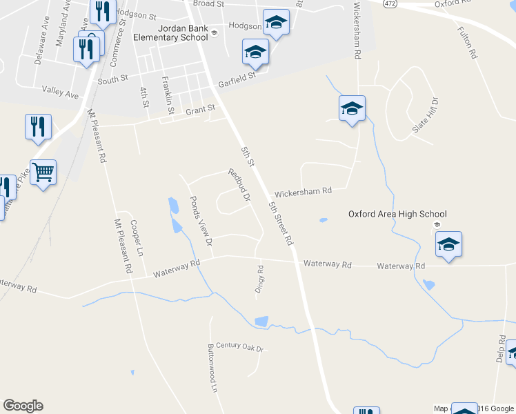 map of restaurants, bars, coffee shops, grocery stores, and more near 344 Redbud Drive in Oxford