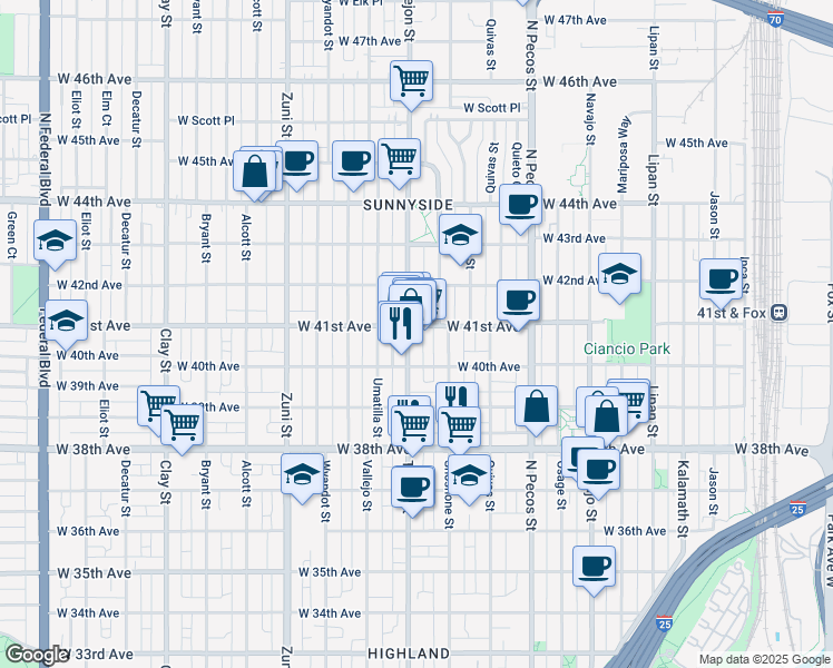 map of restaurants, bars, coffee shops, grocery stores, and more near 1930 West 41st Avenue in Denver