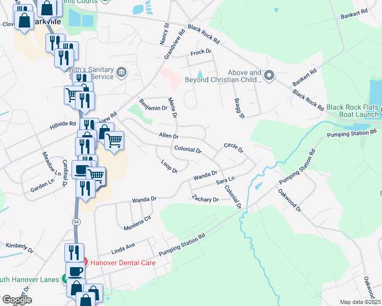 map of restaurants, bars, coffee shops, grocery stores, and more near 43 Colonial Drive in Hanover