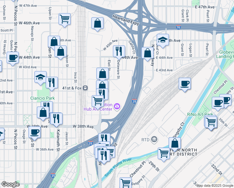 map of restaurants, bars, coffee shops, grocery stores, and more near 2580 31st Street in Denver
