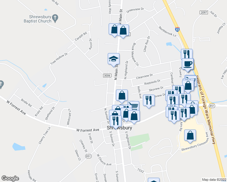 map of restaurants, bars, coffee shops, grocery stores, and more near 126 North Main Street in Shrewsbury