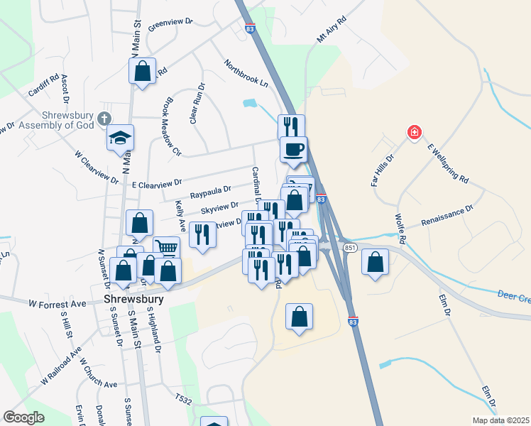 map of restaurants, bars, coffee shops, grocery stores, and more near 200 Cardinal Drive in Shrewsbury