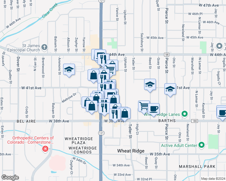 map of restaurants, bars, coffee shops, grocery stores, and more near 4100 Wadsworth Boulevard in Wheat Ridge