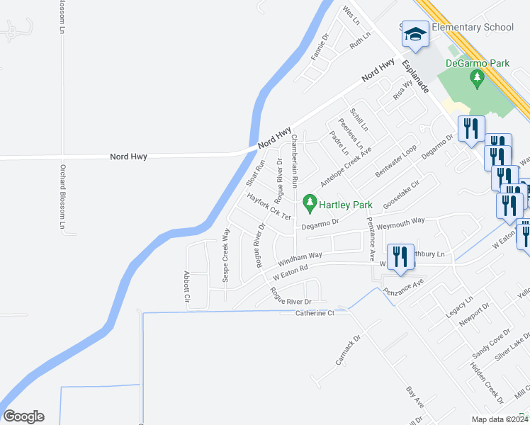 map of restaurants, bars, coffee shops, grocery stores, and more near 3297 Rogue River Drive in Chico