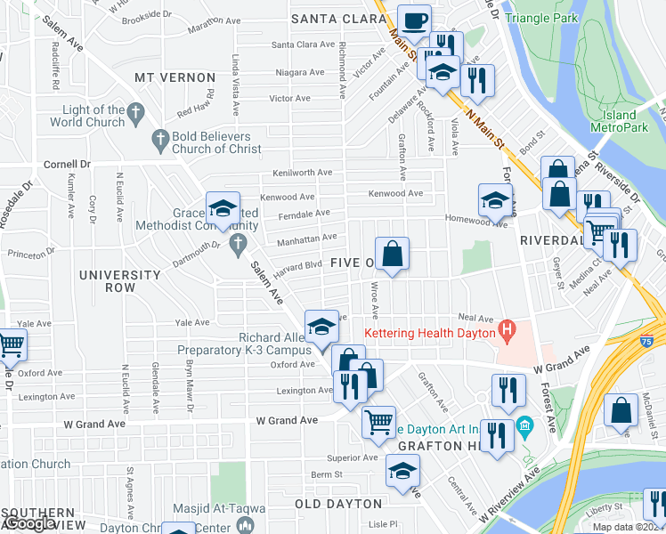 map of restaurants, bars, coffee shops, grocery stores, and more near 818 Harvard Boulevard in Dayton