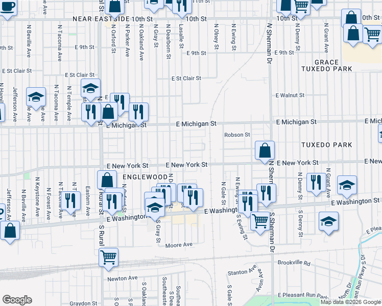 map of restaurants, bars, coffee shops, grocery stores, and more near 3315 East Vermont Street in Indianapolis