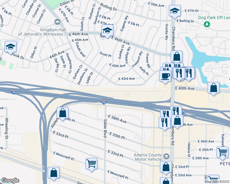 map of restaurants, bars, coffee shops, grocery stores, and more near 14750 East 40th Avenue in Denver