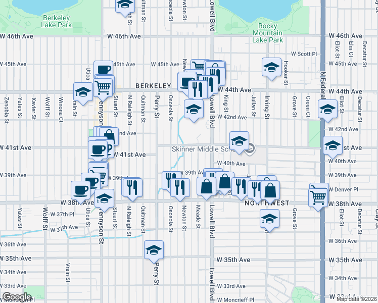 map of restaurants, bars, coffee shops, grocery stores, and more near 4021 Meade Street in Denver