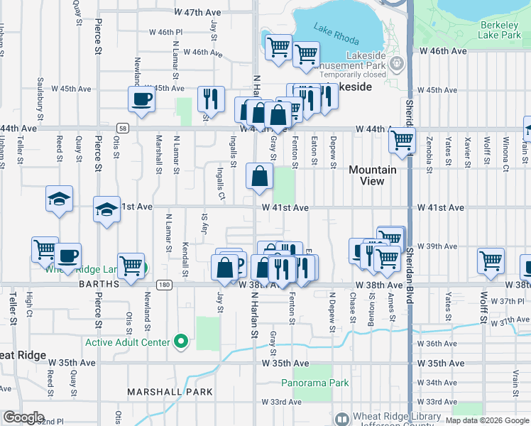 map of restaurants, bars, coffee shops, grocery stores, and more near 5910 West 41st Avenue in Wheat Ridge